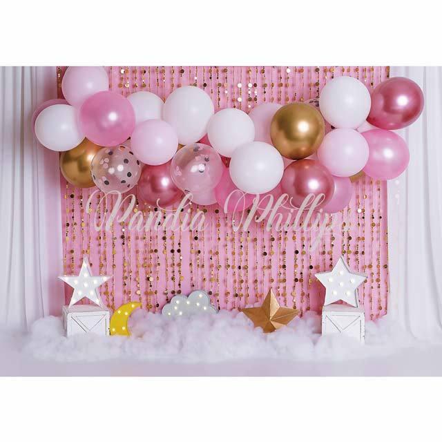 Allenjoy Balloons Gold glitter Pink Birthday Backdrop Designed by Panida Phillips - Allenjoystudio