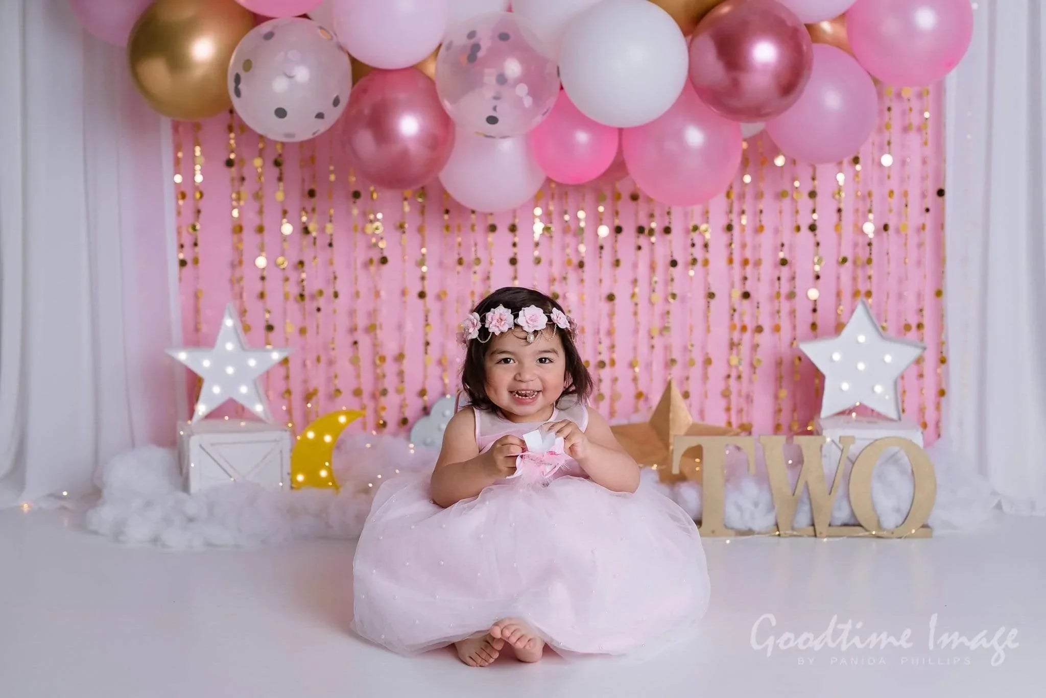 Allenjoy Balloons Gold glitter Pink Birthday Backdrop Designed by Panida Phillips - Allenjoystudio