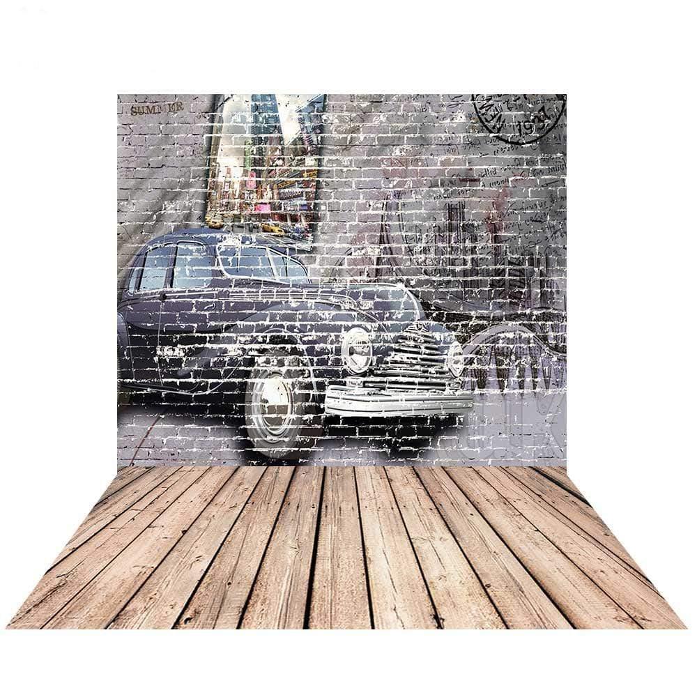 Allenjoy Brick Wall Graffiti Car City Street Wooden Floor Backdrop - Allenjoystudio