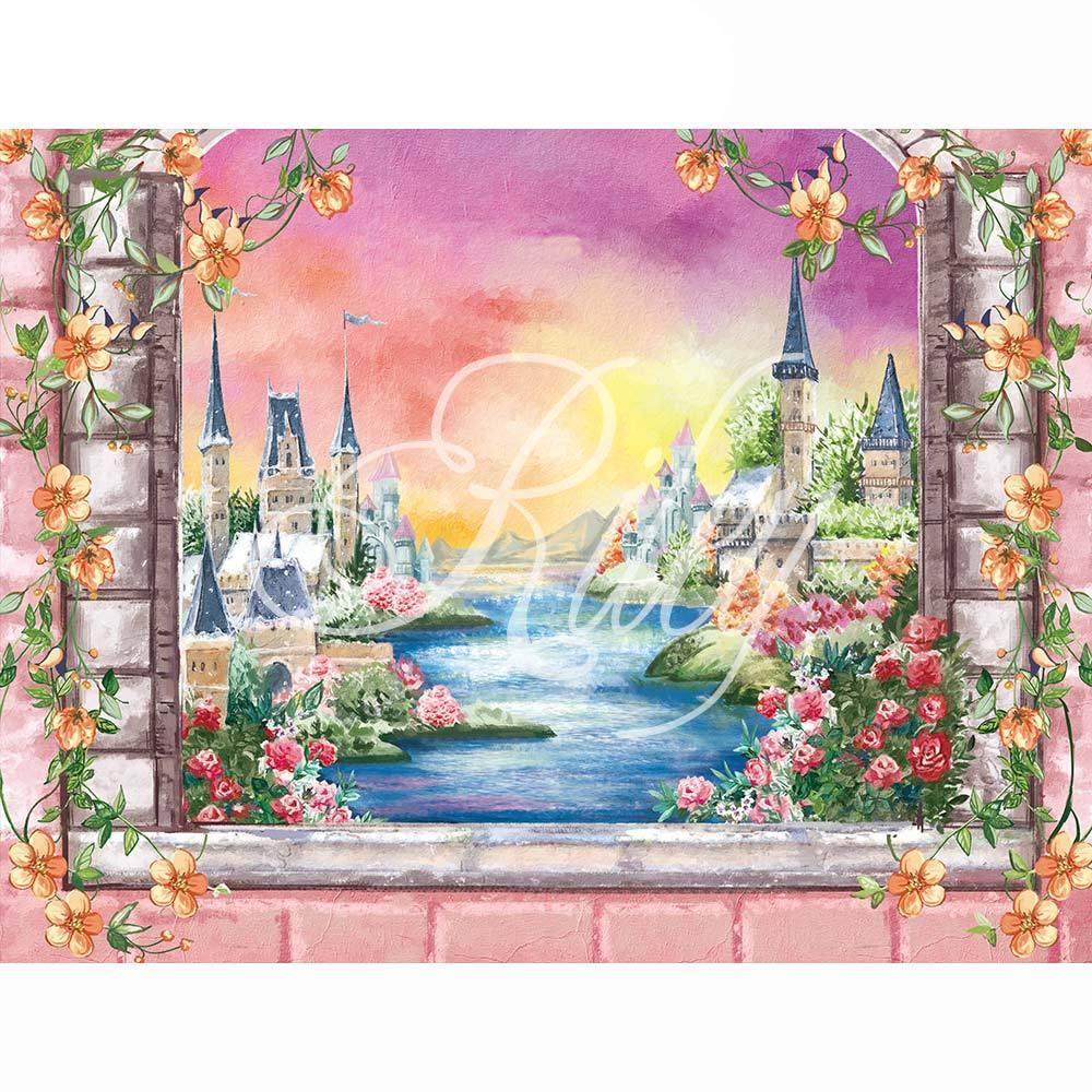 Allenjoy Castle Floral Window Backdrop Hand-Painted for Children Birthday Baby Shower - Allenjoystudio