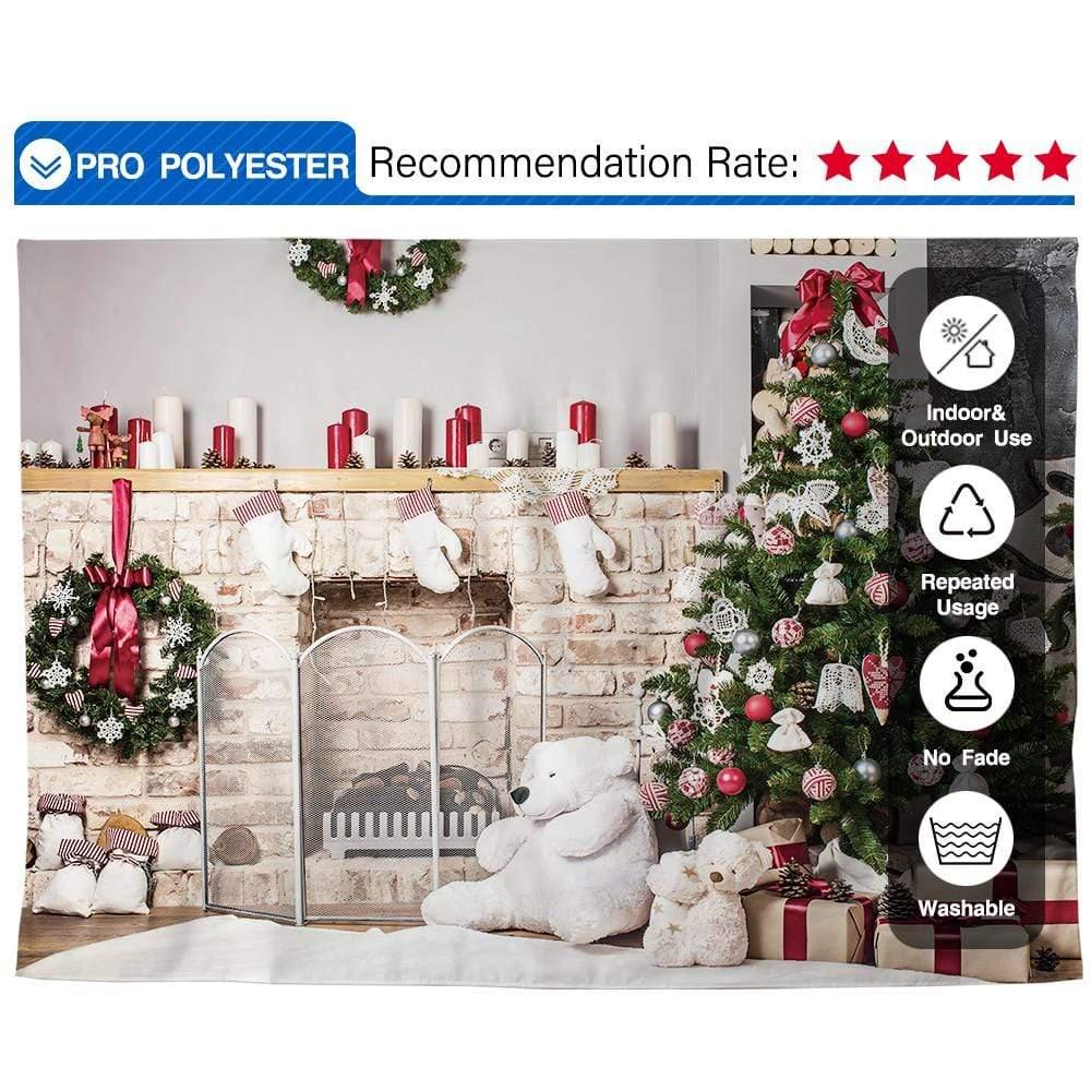 Allenjoy Christmas Backdrop Fireplace Xmas Tree Gift Bear for Kids - Allenjoystudio