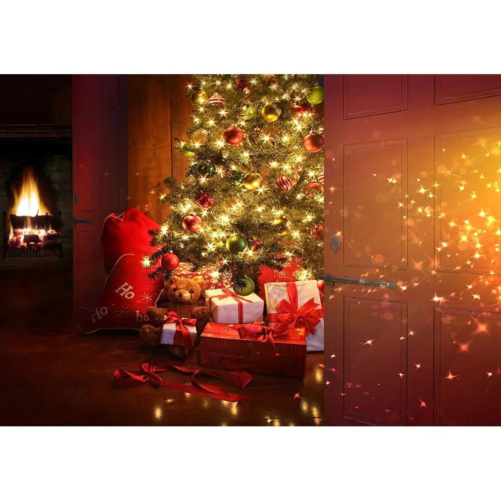 Allenjoy Christmas Tree Gifts Box Night Holiday Fireplace Backdrop - Allenjoystudio
