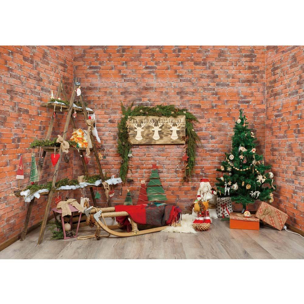 Allenjoy Christmas Tree Sleigh Ladder Deer Board Red Brick Wall Backdrop - Allenjoystudio