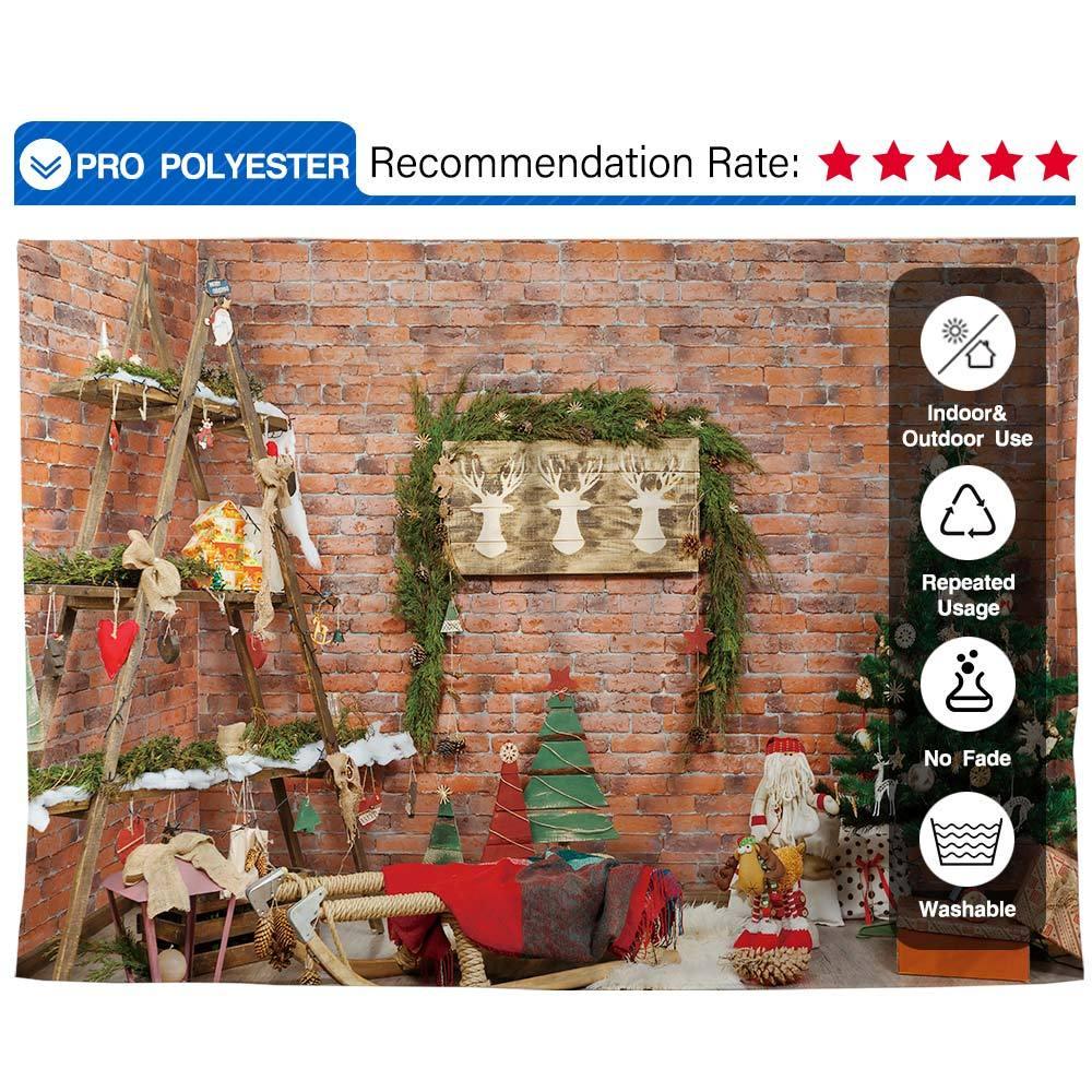 Allenjoy Christmas Tree Sleigh Ladder Deer Board Red Brick Wall Backdrop - Allenjoystudio