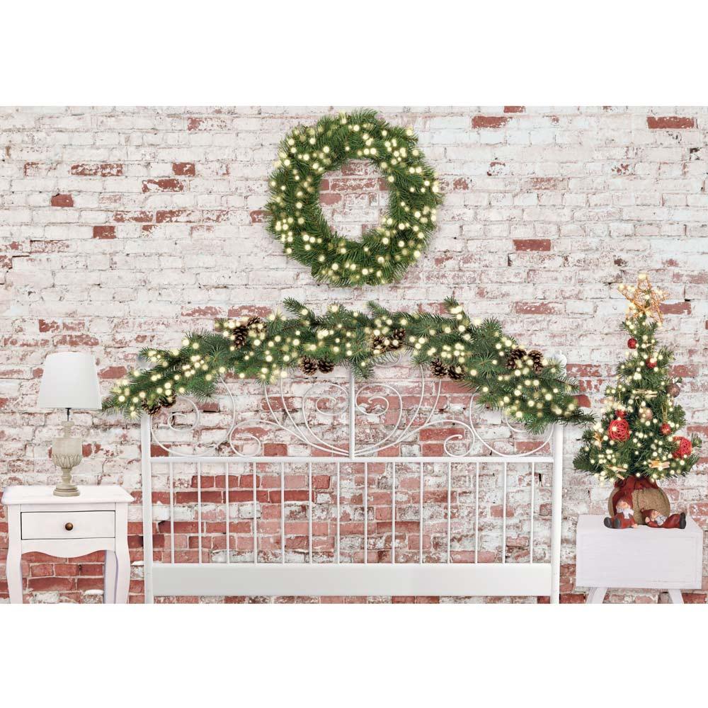 Allenjoy Christmas White Headboard Bed Brick Wall Backdrop - Allenjoystudio