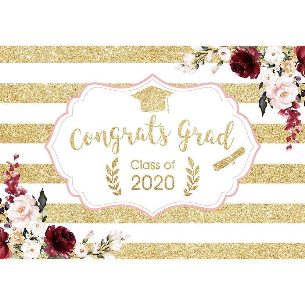 Allenjoy Congrats Grad Class of Custom Year Golden and White Stripes Floral Backdrop - Allenjoystudio