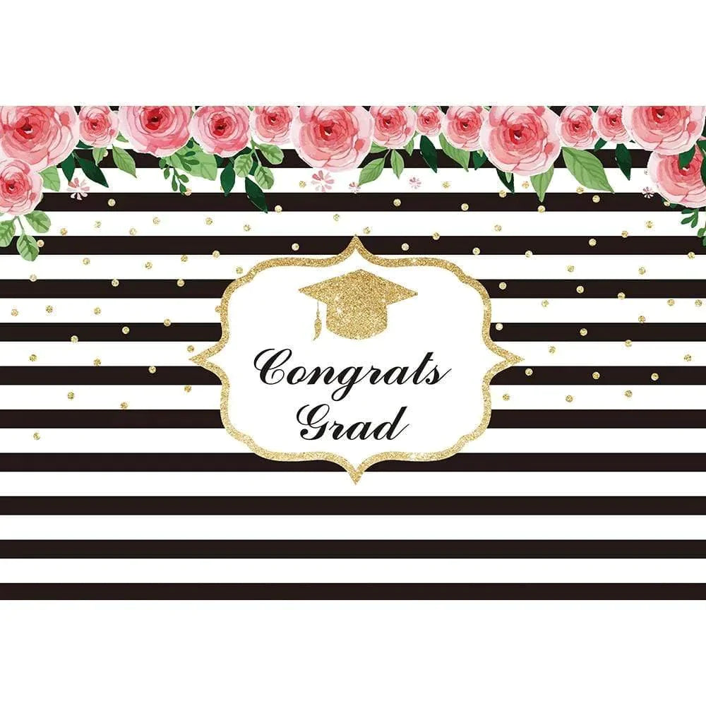 Allenjoy Custom Graduation Backdrop Black and White Golden Dots Floral for Prom Party - Allenjoystudio