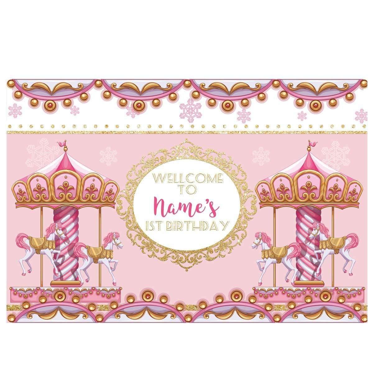 Allenjoy Custom Name Carousel Pink Princess Birthday  Backdrop - Allenjoystudio
