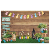 Allenjoy Easter Bunny Rabbit Eggs Grass Walnut Wood Wall Backdrop