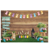 Allenjoy Easter Bunny Rabbit Eggs Grass Walnut Wood Wall Backdrop
