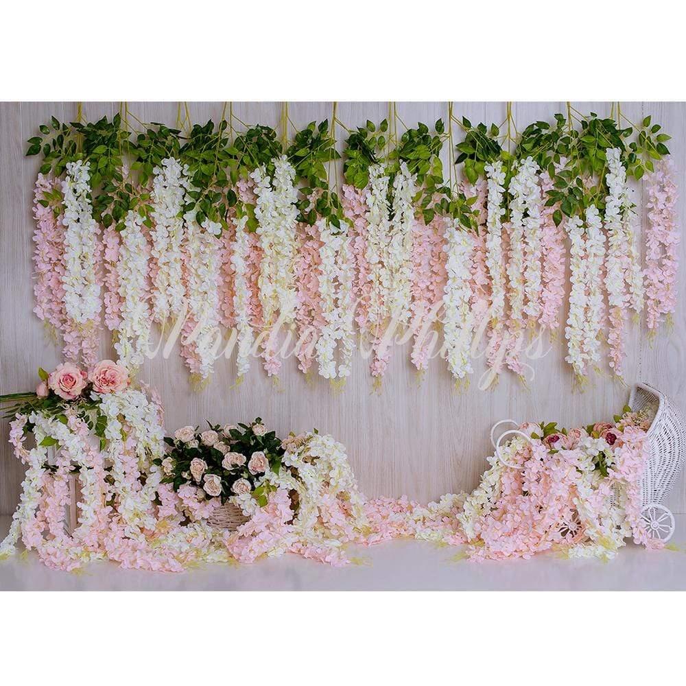 Allenjoy Pink and White Floral Baby Carriage Backdrop for Valentine's Day Designed by Panida Phillips - Allenjoystudio