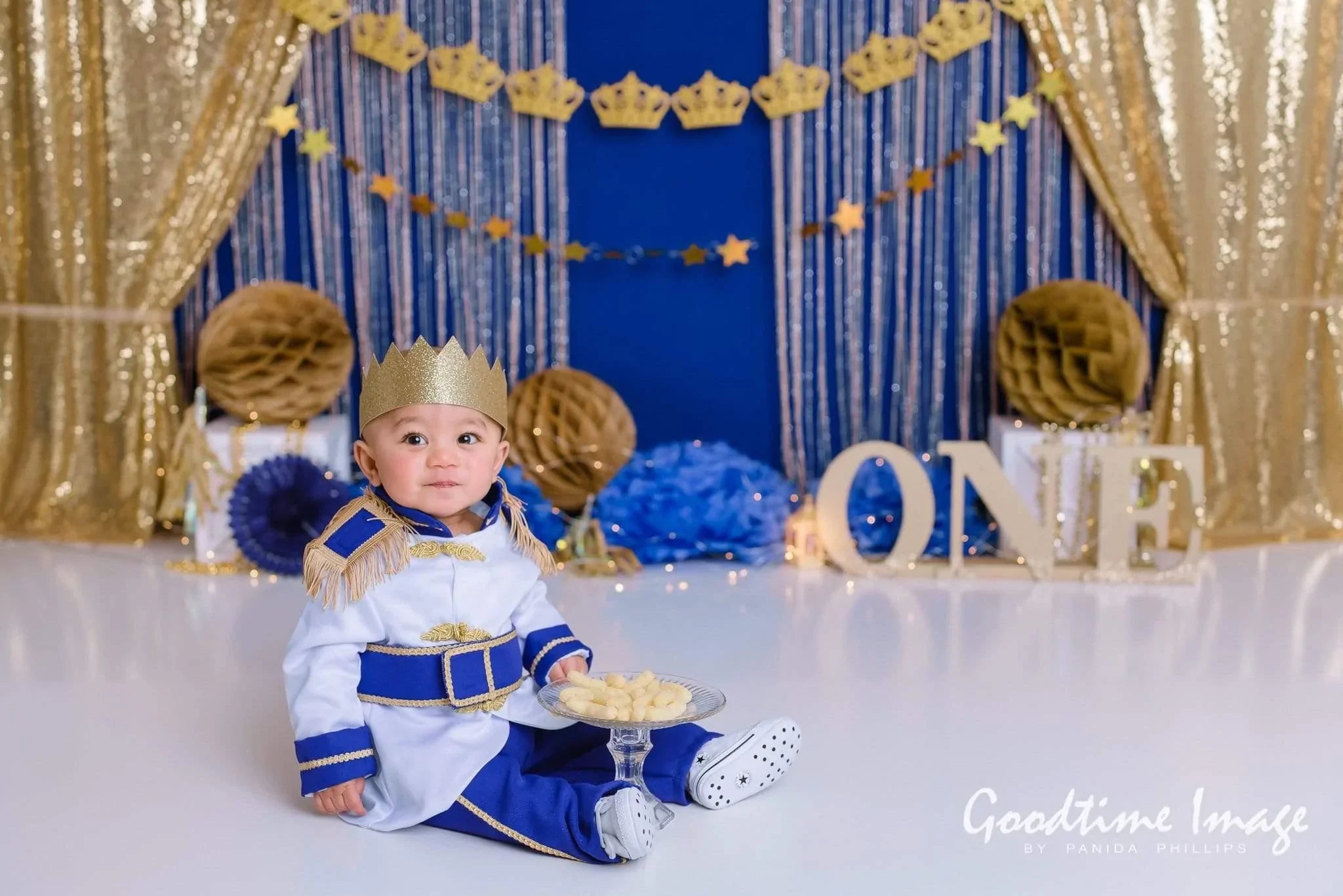 Allenjoy Golden Curtain and Navy Blue Background for Cake Smash Designed by Panida Phillips - Allenjoystudio