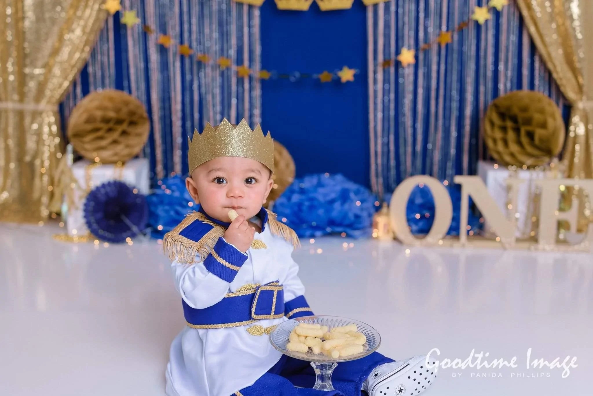 Allenjoy Golden Curtain and Navy Blue Background for Cake Smash Designed by Panida Phillips - Allenjoystudio