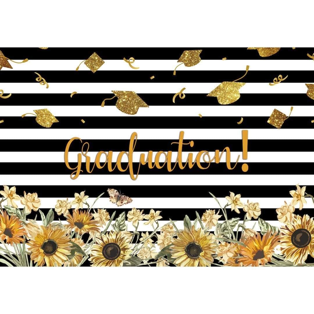 Allenjoy Graduation Backdrop Black White Stripe with Golden Bachelor Cap - Allenjoystudio