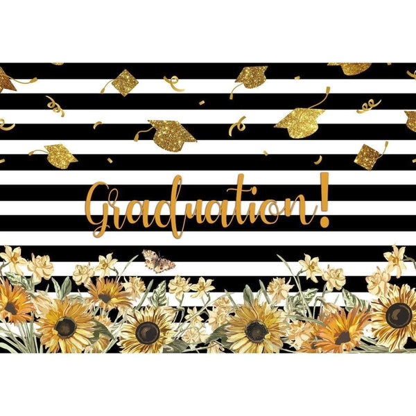 Allenjoy Graduation Backdrop Black White Stripe with Golden Bachelor C