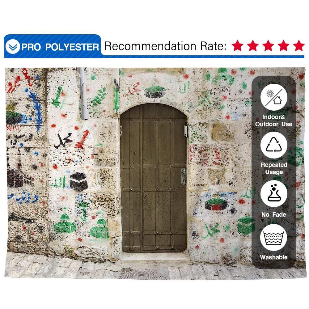 Allenjoy Graffiti background Colorful White Stone Wall Dark Brown Arched Door Backdrops - Allenjoystudio