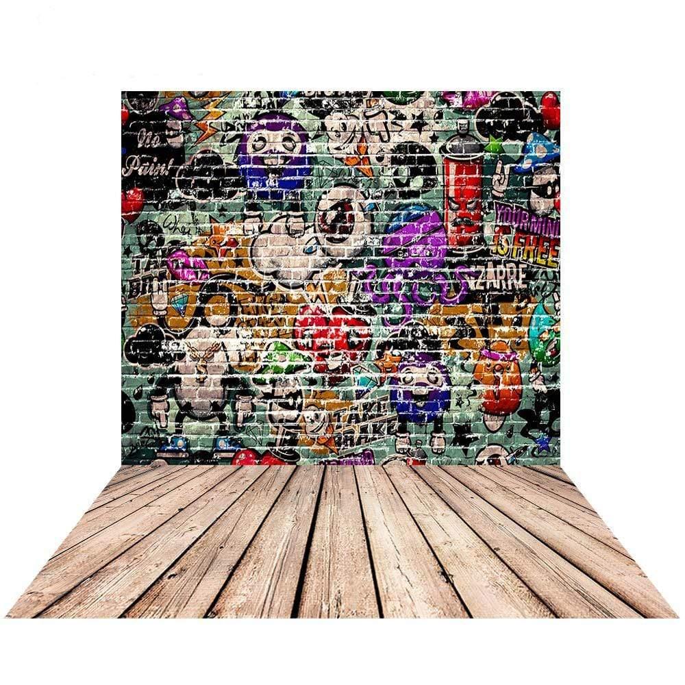 Allenjoy Graffiti Backgrounds Cartoon Brick Wall Wood Floor Backdrop for Photostudio - Allenjoystudio