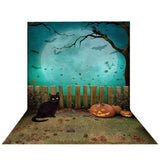 Allenjoy Halloween Pumpkin Black Cat Bats Night Sky Full Moon Green Backdrop - Allenjoystudio