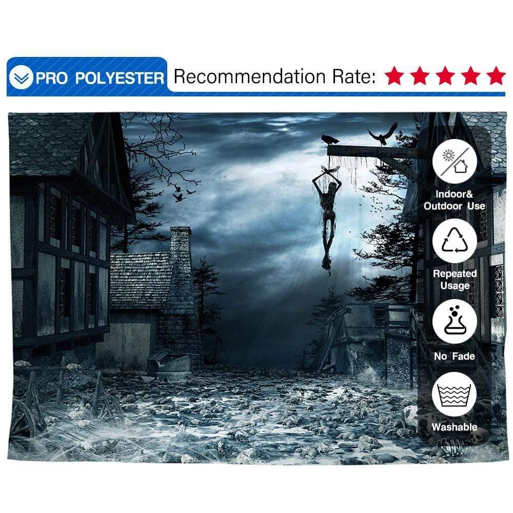 Allenjoy Halloween Dackdrop Crumbling Skeleton Town Street in Dark Night - Allenjoystudio