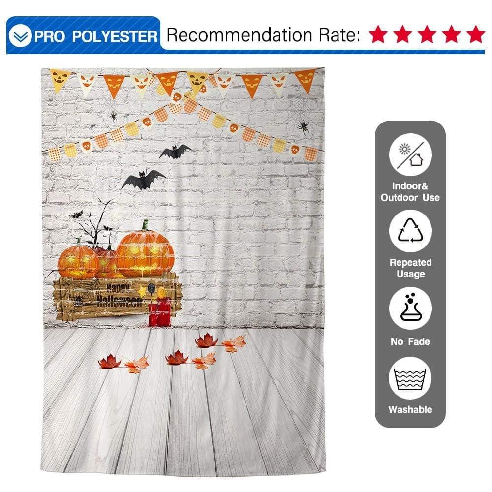 Allenjoy Pumpkin Bats Flags White Brick Wall Wooden Floor Backdrop - Allenjoystudio