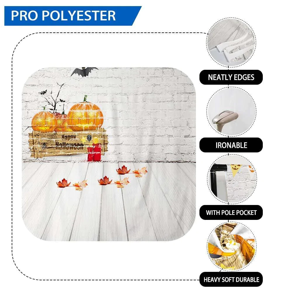 Allenjoy Pumpkin Bats Flags White Brick Wall Wooden Floor Backdrop - Allenjoystudio