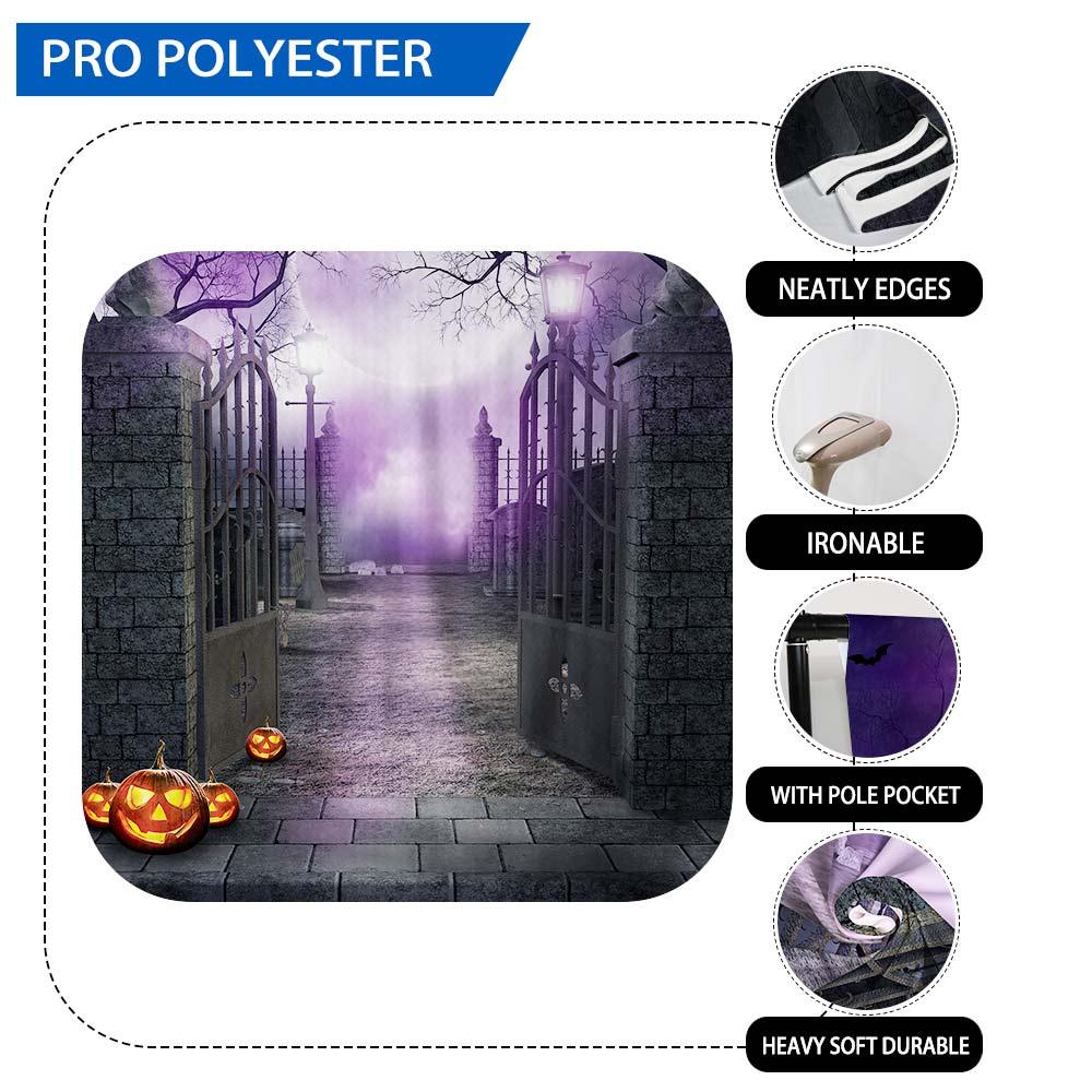 Allenjoy Halloween Full Moon Bat Pumpkin Gloomy Graveyard Gate Purple Backdrop - Allenjoystudio