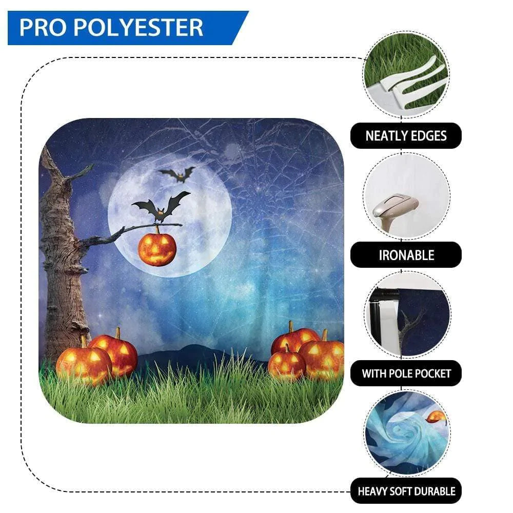 Allenjoy Halloween Pumpkin Lantern on the Grass Fullmoon Spirewide Bats Backdrop - Allenjoystudio