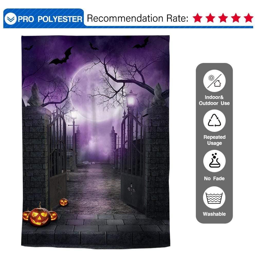Allenjoy Halloween Full Moon Bat Pumpkin Gloomy Graveyard Gate Purple Backdrop - Allenjoystudio
