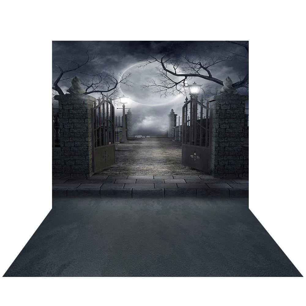 Allenjoy Halloween Gloomy Moon In front of the Cemetery Gate Backdrop - Allenjoystudio