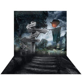 Allenjoy Halloween Horrible Scarecrow Skeleton Road Sign Steps Backdrop