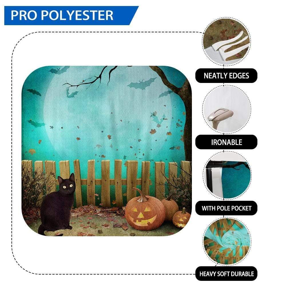 Allenjoy Halloween Pumpkin Black Cat Bats Night Sky Full Moon Green Backdrop - Allenjoystudio