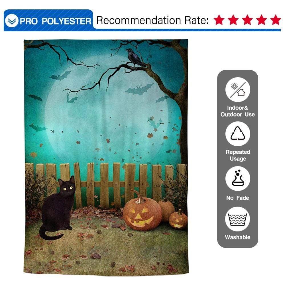 Allenjoy Halloween Pumpkin Black Cat Bats Night Sky Full Moon Green Backdrop - Allenjoystudio