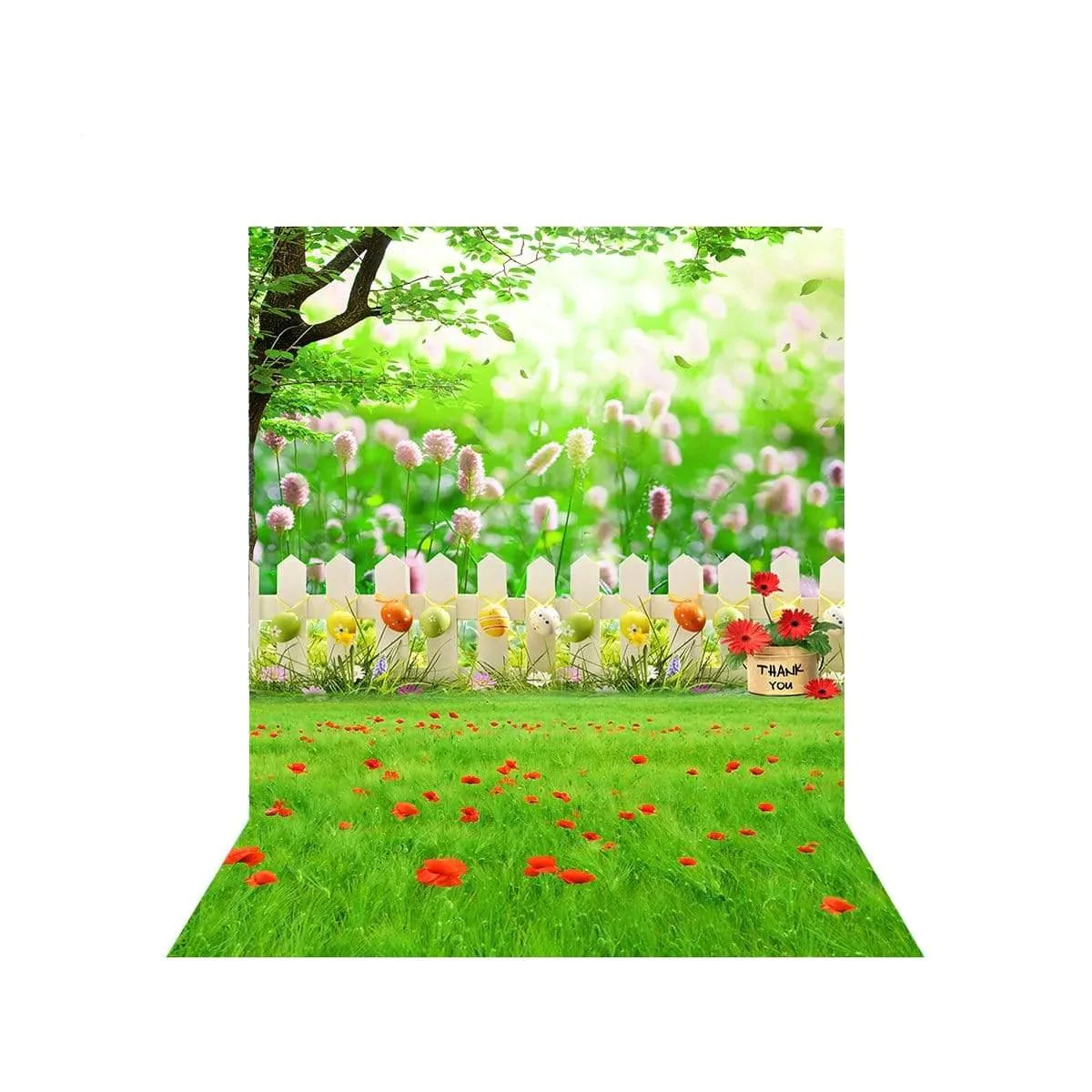 Allenjoy Easter Eggs Setaria Viridis White Fence Outdoor Backdrop - Allenjoystudio