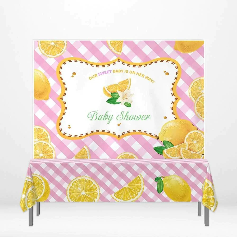 Allenjoy Lemon Pink Checkered Banner Tablecloth for Baby Shower - Allenjoystudio