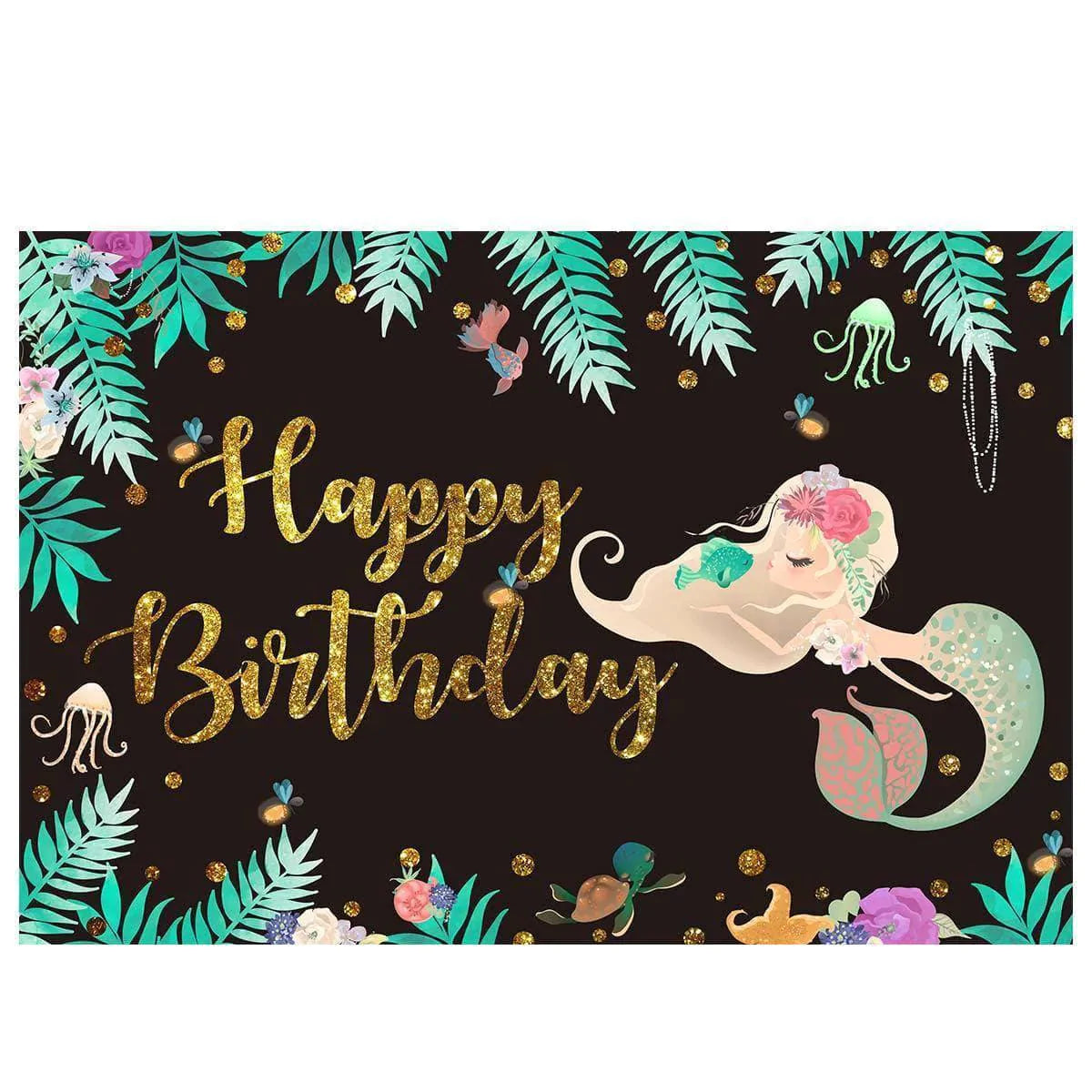 Allenjoy Mermaid Backdrop Underwater Plant Golden Dots Jellyfish Flowers Princess Birthday - Allenjoystudio