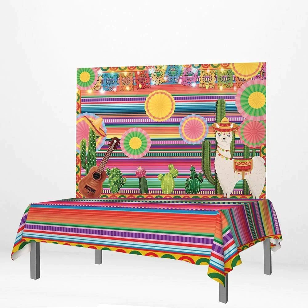 Allenjoy Mexico Flags Cactus Guitar Banner Colorful Stripes Tablecloth - Allenjoystudio