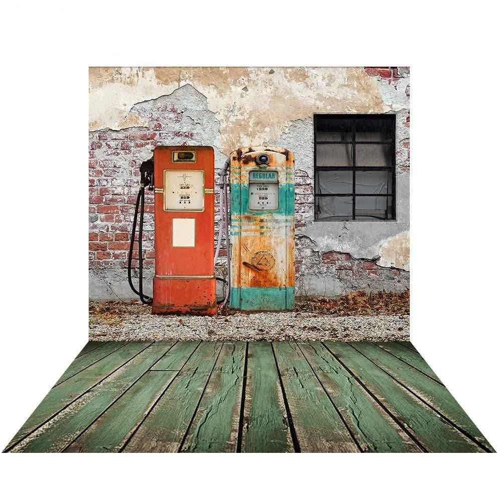 Allenjoy Fuel Tank Brick Wall Green Wood Floor Backdrop - Allenjoystudio