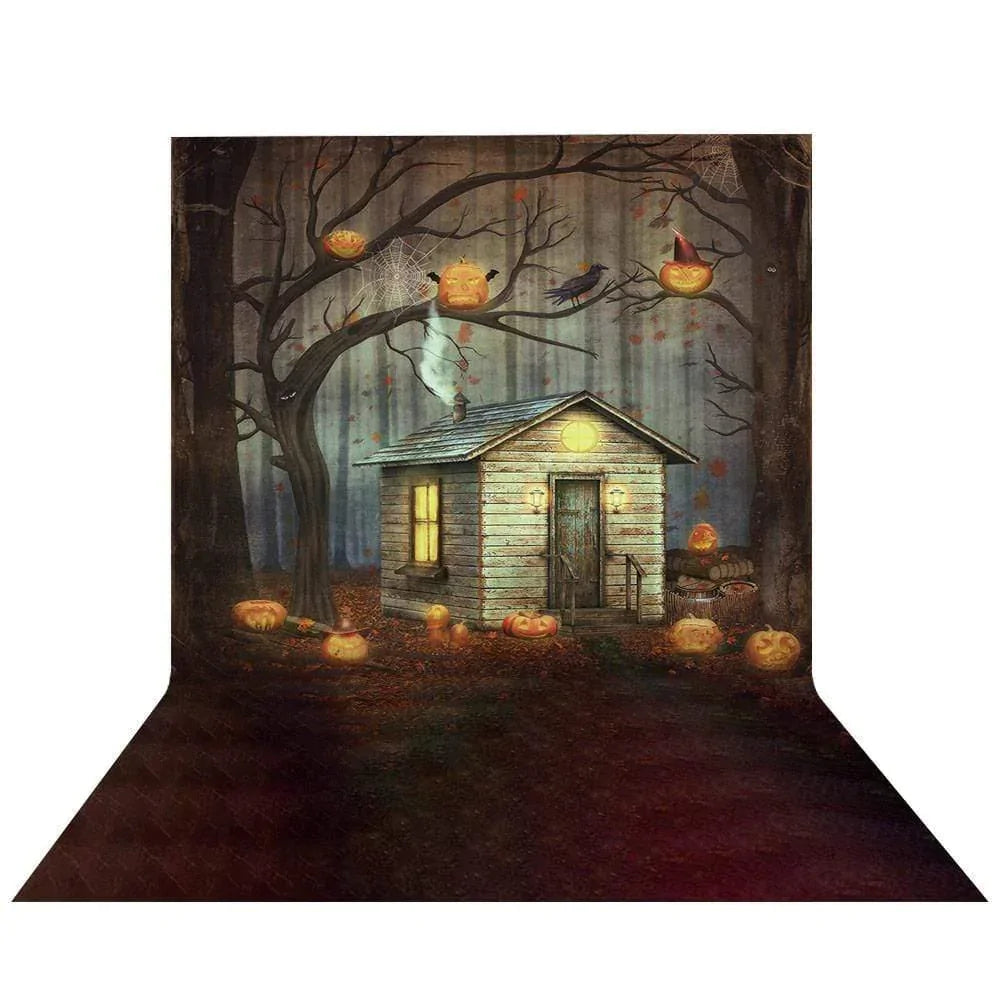 Allenjoy Halloween Pumpkin Wood House in Forest Scary Backdrop - Allenjoystudio