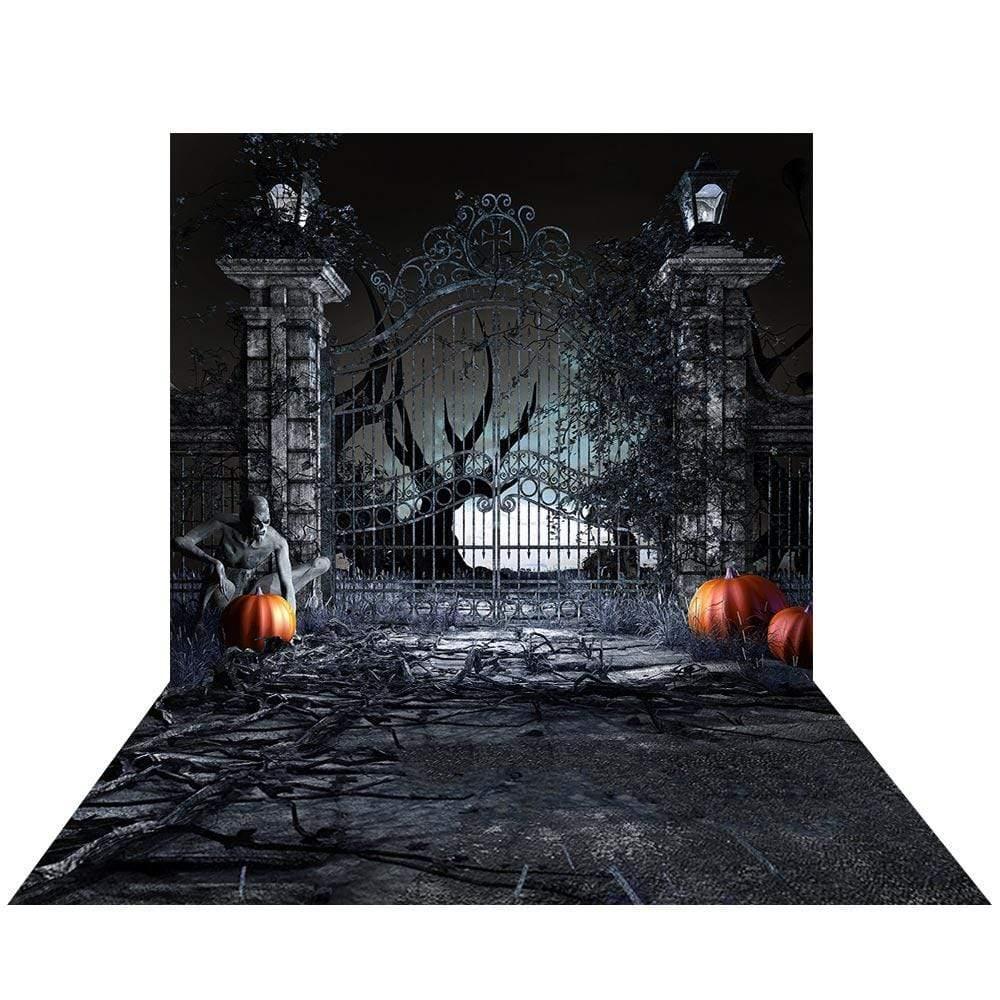 Allenjoy Halloween Pumpkin Door Zombie Cemetery Gate Backdrop - Allenjoystudio
