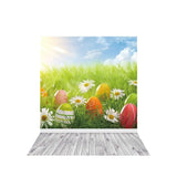 Allenjoy Easter Backdrops Sky Clouds Shine Flower Eggs Gray Wood Floor