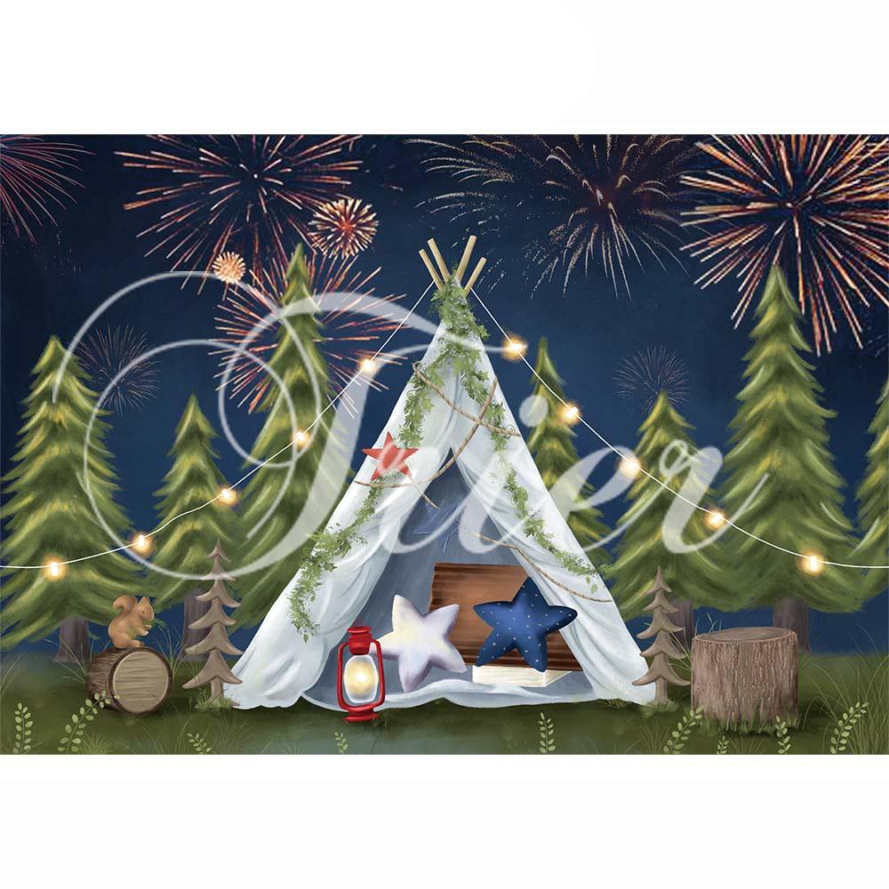 Allenjoy Pine trees Fireworks Tents Independent Day Bakdrop for Children Photobooth - Allenjoystudio