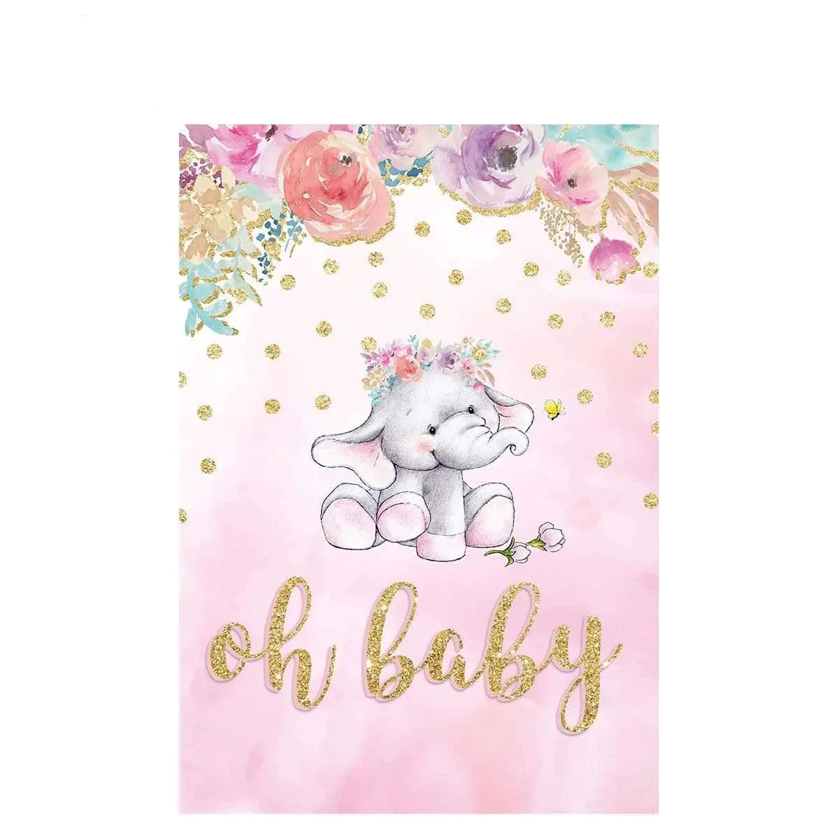 Allenjoy Oh Baby Elephant Golden Dots Flroal Backdrop - Allenjoystudio