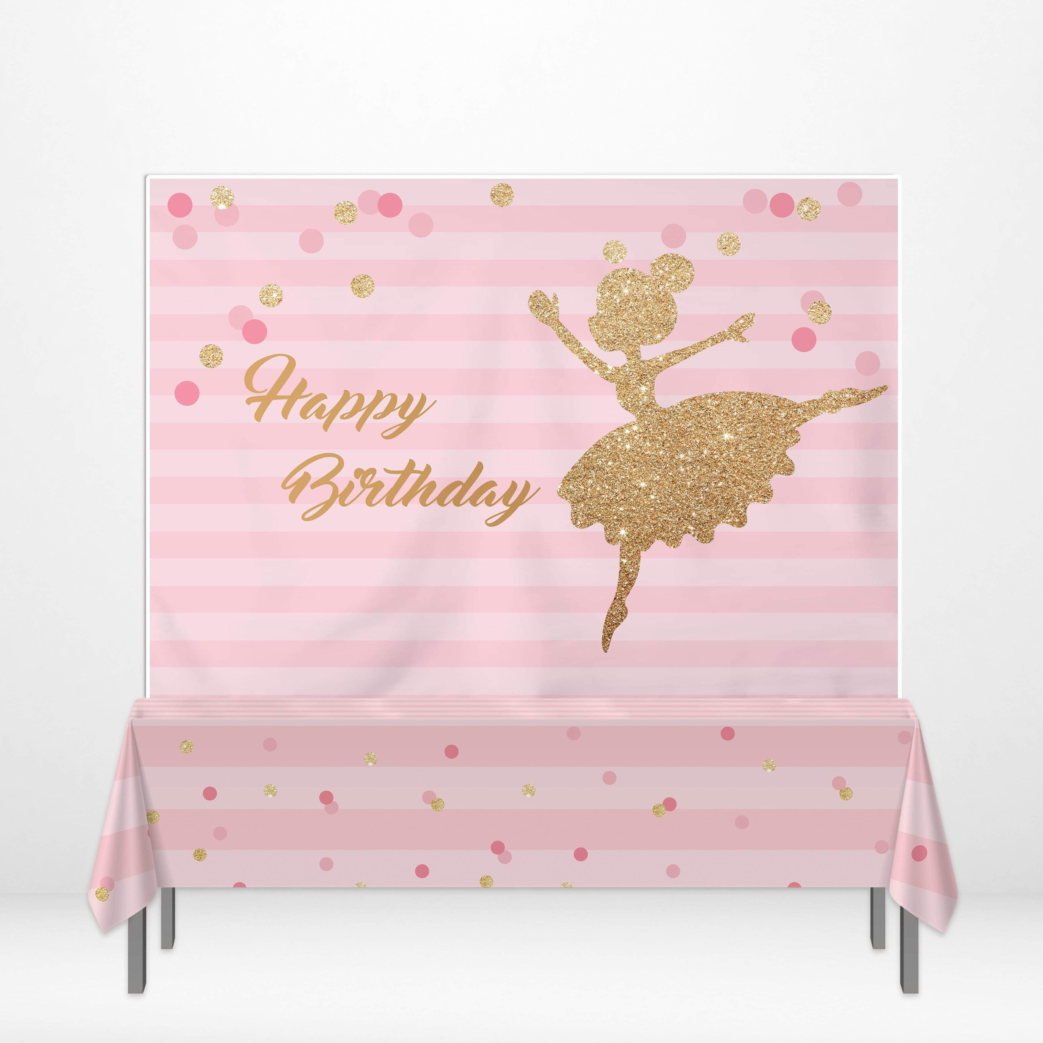Allenjoy Pink Strips Happy Birthday Ballet Girl Banner Tablecloth - Allenjoystudio