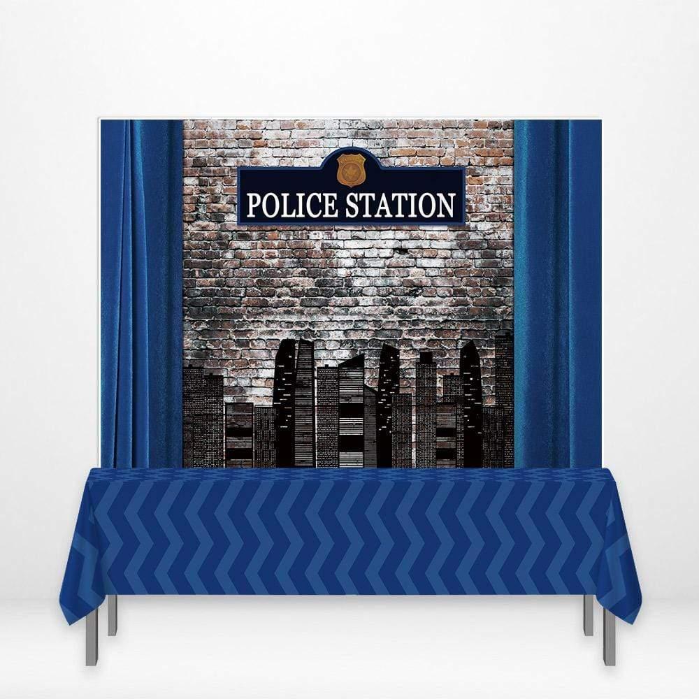 Allenjoy Police Station Brick Wall Curtain Banner Blue Stripes Tablecloth - Allenjoystudio