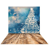 Allenjoy Blue Bokeh Christmas Tree Backdrop with Wood Floor