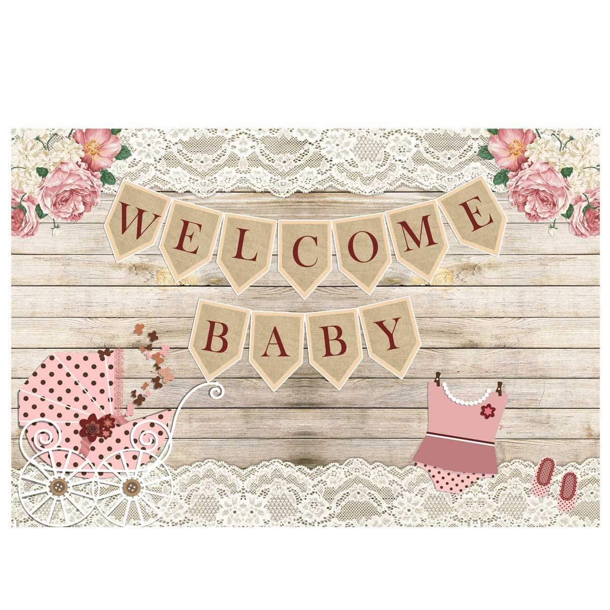 Allenjoy WELCOME BABY Pink Baby Carriage Vintage Ginger Wood Backdrop - Allenjoystudio