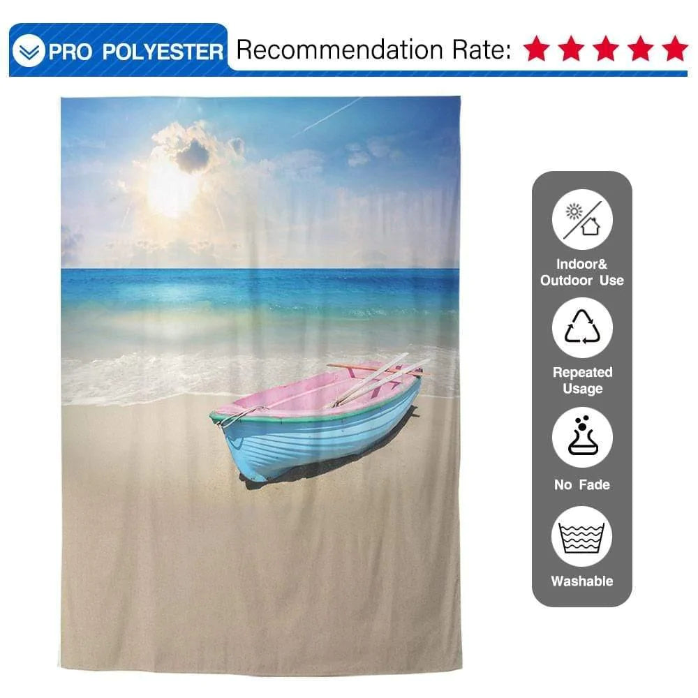 Allenjoy Beach Sunshine Blue Sky Pink and Blue Boat Backdrop - Allenjoystudio