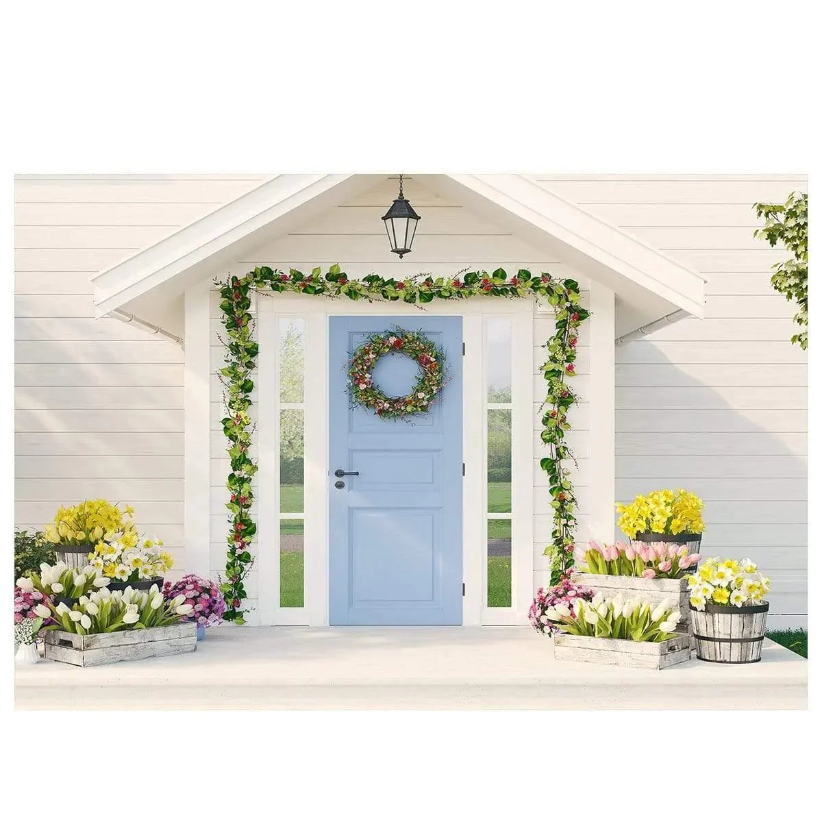 Allenjoy Spring White Wooden House Tulip Flowerpot Backdrop - Allenjoystudio