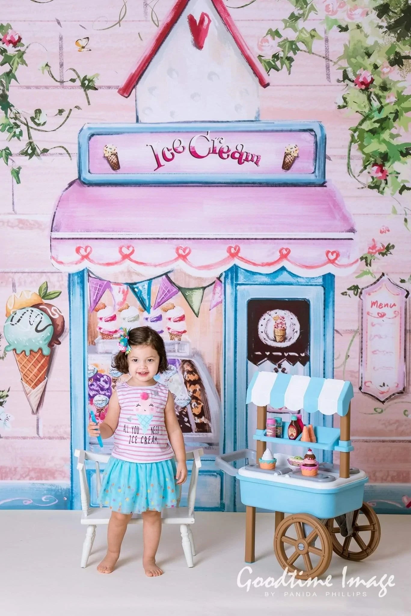 Allenjoy Summer Ice Cream Backdrop Pink Brick Wall Flower for Girls Birthday Party - Allenjoystudio