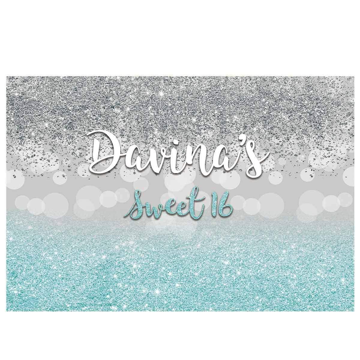 Allenjoy Sweet 16 Silver Blue Glitter Party Custom Backdrop - Allenjoystudio